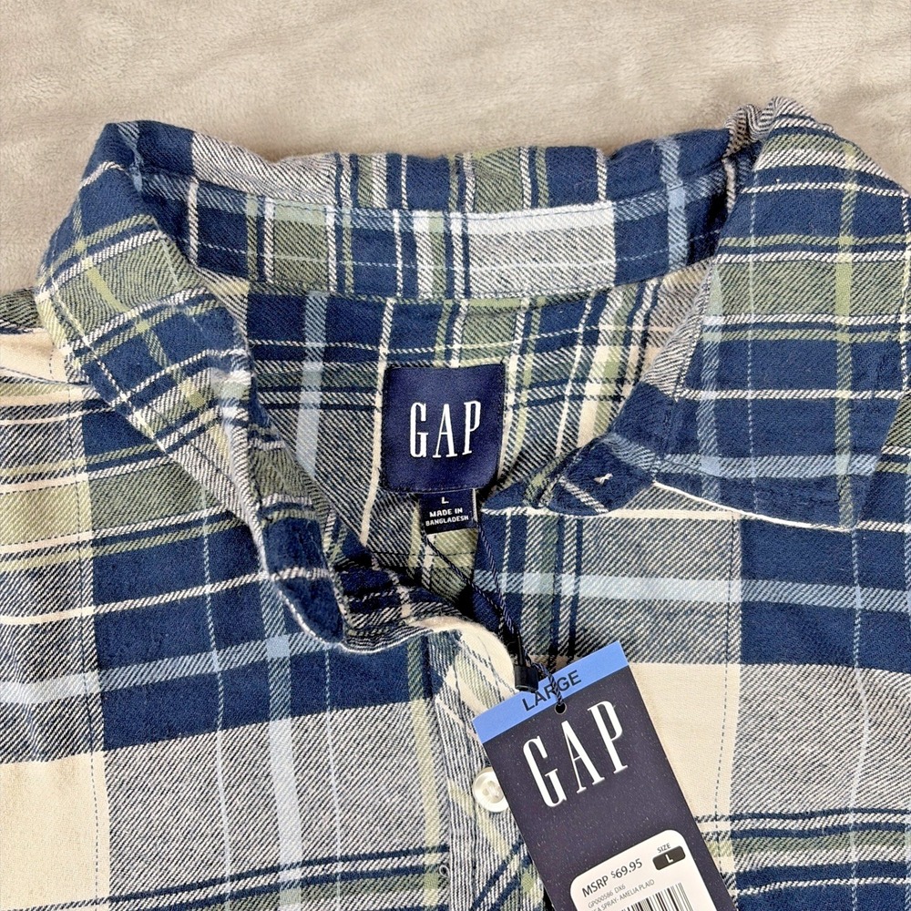 GAP Shirt Women's L Blue Plaid Long Sleeve Button Down Relaxed Fit Flannel NWT - Picture 3 of 11